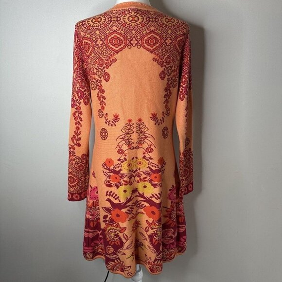 KOOI Knitwear Sz M Orange Red Floral Long Cardigan Artsy Boho Retro Festival Hip - Picture 8 of 13